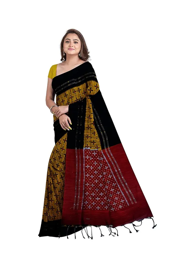 Grey_Printed_Cotton_Silk_Ikat_Saree_With_Blouse_For_Women