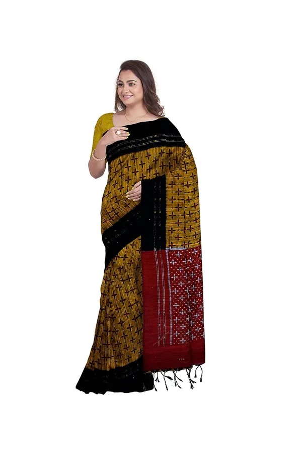 Grey_Printed_Cotton_Silk_Ikat_Saree_With_Blouse_For_Women