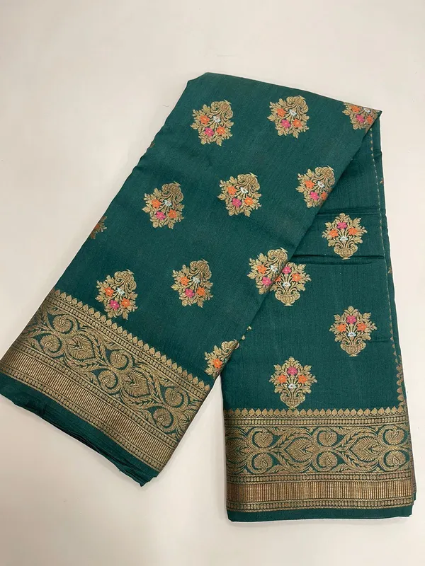 Humairah_Pure_Handwoven_Dark_Green_Pure_Muga_Silk_Floral_Minakari_Zari_Boota_Small_Zari_Border_Banarasi_Saree_with_Dark_Green_Blouse_piece