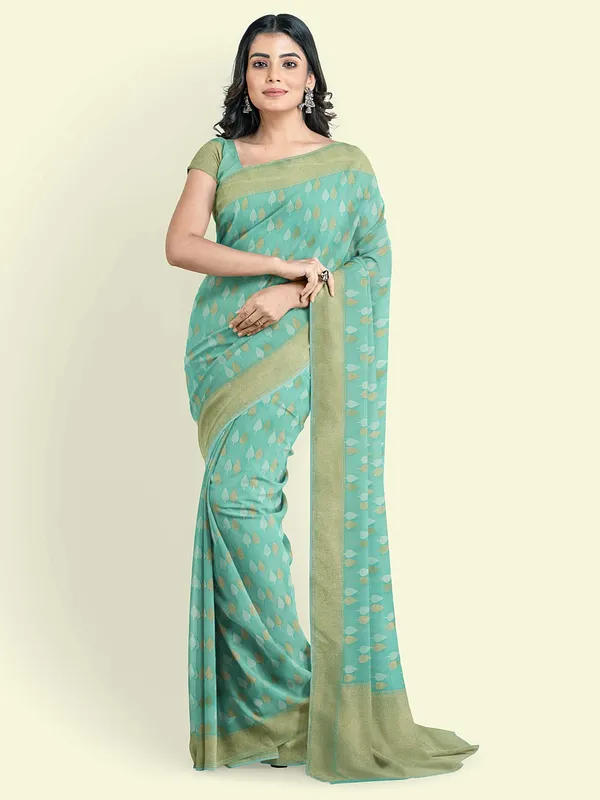 Sea_Green_Cotton_Blend_Banarasi_Sarees_For_Women