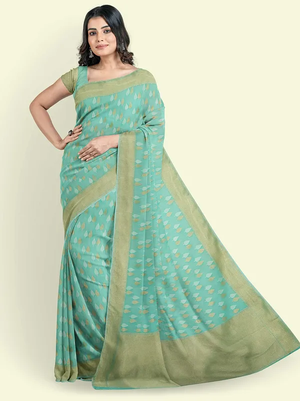Sea_Green_Cotton_Blend_Banarasi_Sarees_For_Women