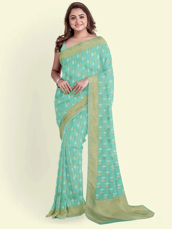 Sea_Green_Cotton_Blend_Banarasi_Sarees_For_Women