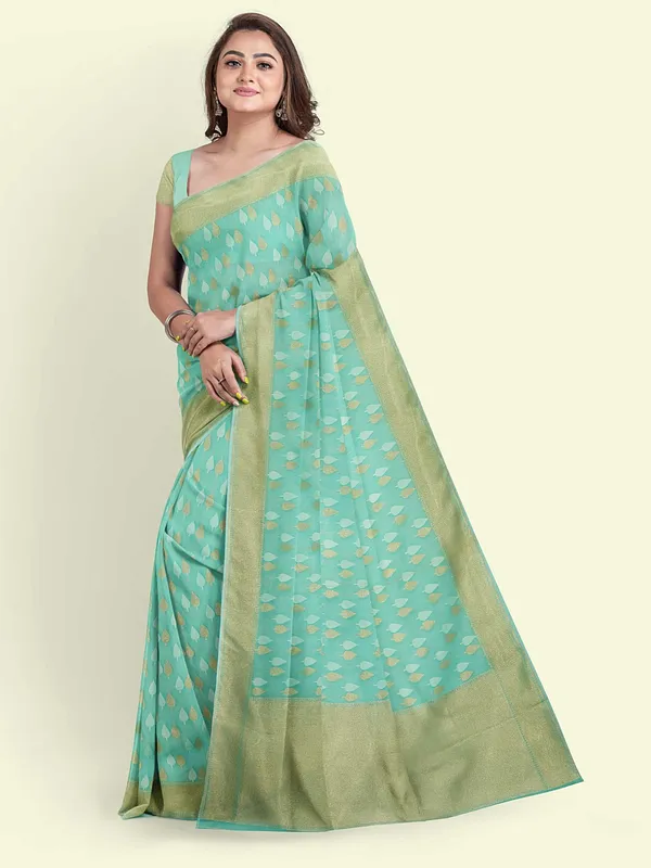 Sea_Green_Cotton_Blend_Banarasi_Sarees_For_Women