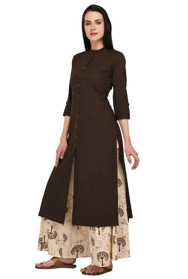 Brown_Cotton_Solid_Kurta_With_Printed_Flair_Palazzo_Bottom_Set