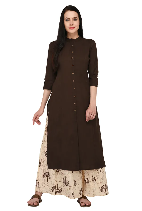 Brown_Cotton_Solid_Kurta_With_Printed_Flair_Palazzo_Bottom_Set