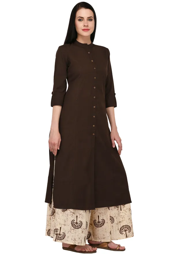 Brown_Cotton_Solid_Kurta_With_Printed_Flair_Palazzo_Bottom_Set