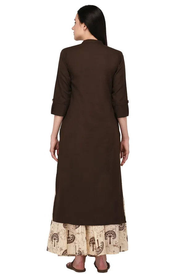 Brown_Cotton_Solid_Kurta_With_Printed_Flair_Palazzo_Bottom_Set