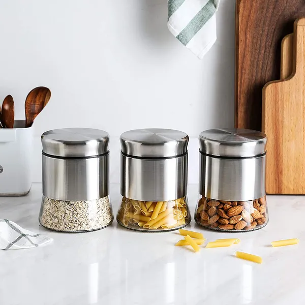 350ML_Stainless_Steel_Canister_Glass_Jar_With_Lid,Premium_Pantry_Organizers_Containers_&_Perfect_Kitchen_Storage_For_Canning_Cereal,Pasta_&_Beans_Containers_Set_Of_6