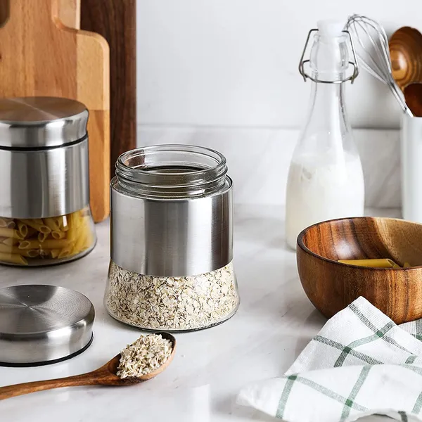 350ML_Stainless_Steel_Canister_Glass_Jar_With_Lid,Premium_Pantry_Organizers_Containers_&_Perfect_Kitchen_Storage_For_Canning_Cereal,Pasta_&_Beans_Containers_Set_Of_6