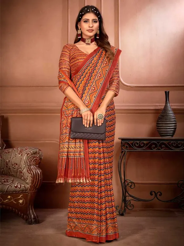 Ikkat_Print_Pure_Soft_Cotton_saree_With_Blouse_Piece