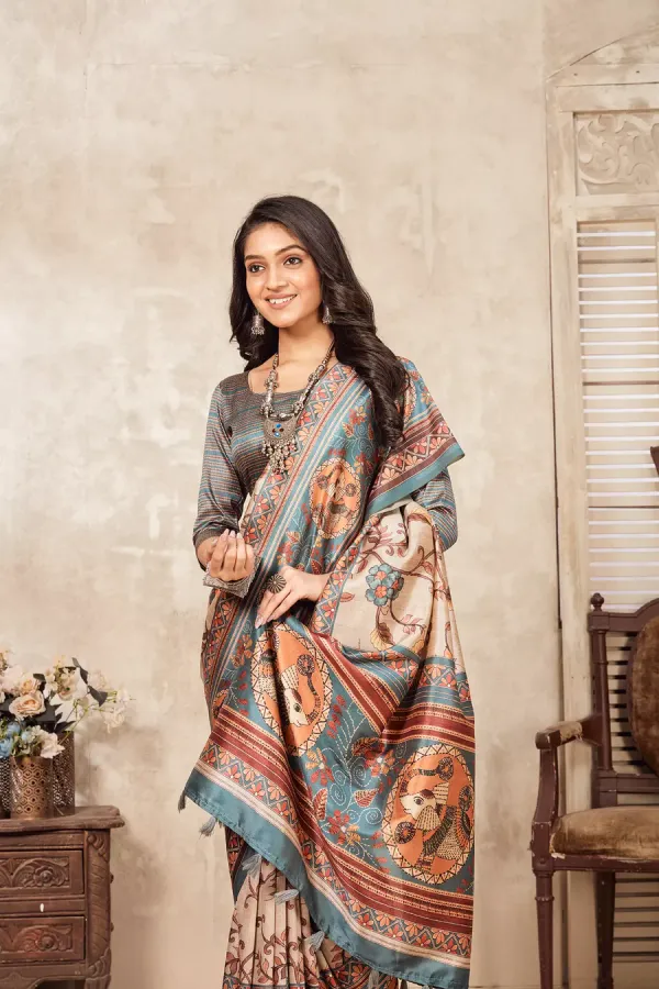 Multicolor_Bamboo_Silk_Plain_Weaved_Fancy_Party_Wear_Saree_With_Blouse