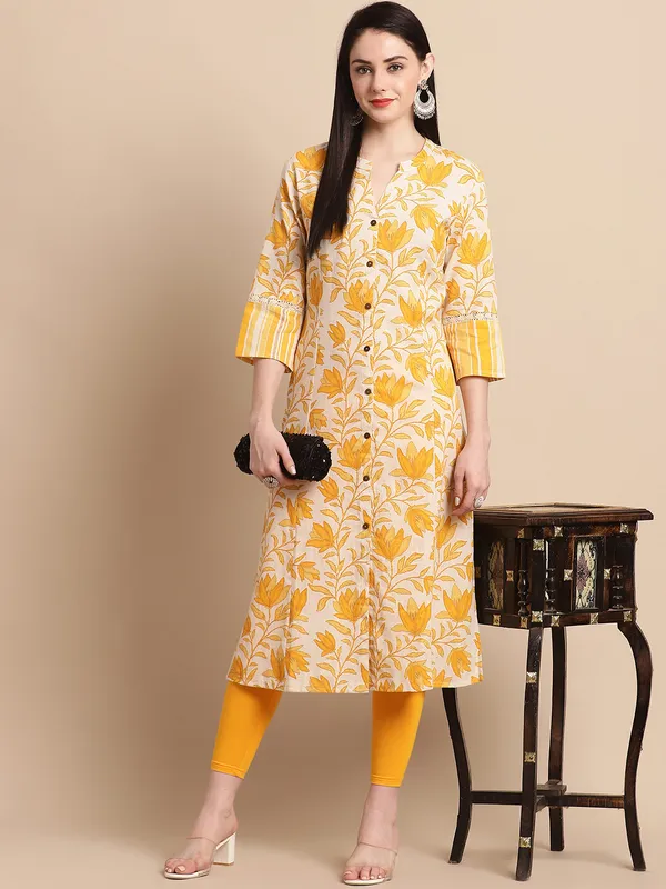 Yellow_Cotton_Floral_Print_A-line_Kurta