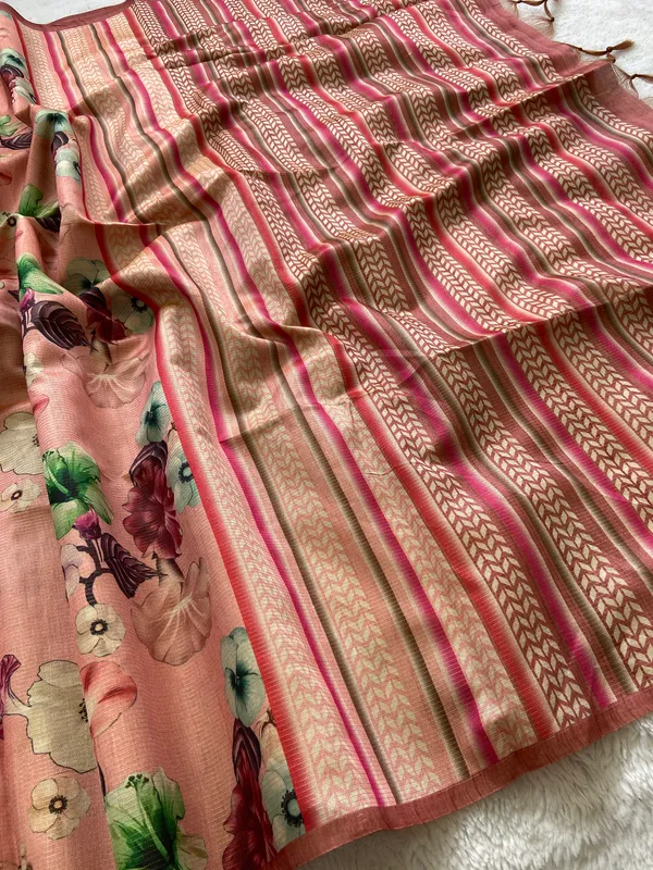 Bhavani_Peach_–_Divine_Navratri_Special_|_Soft_Tussar_Silk_Saree_with_Print,_Border_&_Contrast_Print_Blouse_with_Tassels