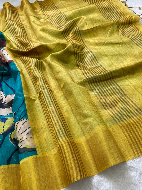 Saraswati_Rama_Green_–_Divine_Wisdom_Navratri_Special_|_Soft_Tussar_Silk_Saree_with_Print,_Border_&_Contrast_Print_Blouse_with_Tassels