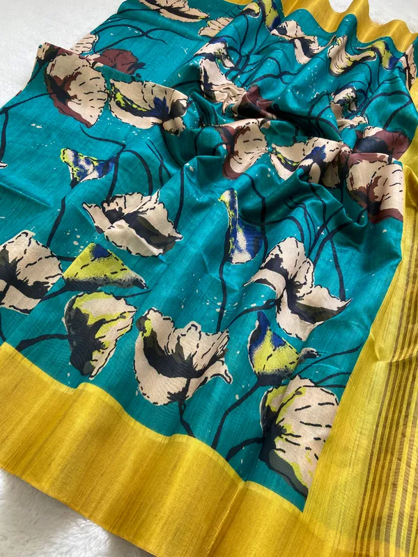 Saraswati_Rama_Green_–_Divine_Wisdom_Navratri_Special_|_Soft_Tussar_Silk_Saree_with_Print,_Border_&_Contrast_Print_Blouse_with_Tassels