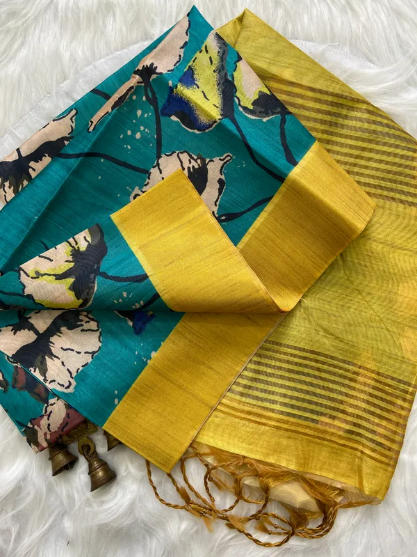 Saraswati_Rama_Green_–_Divine_Wisdom_Navratri_Special_|_Soft_Tussar_Silk_Saree_with_Print,_Border_&_Contrast_Print_Blouse_with_Tassels
