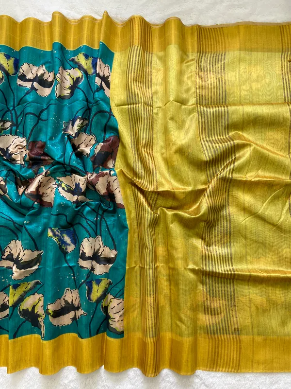 Saraswati_Rama_Green_–_Divine_Wisdom_Navratri_Special_|_Soft_Tussar_Silk_Saree_with_Print,_Border_&_Contrast_Print_Blouse_with_Tassels