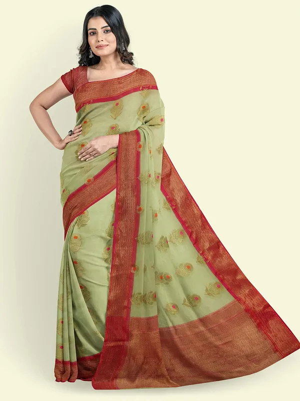 Green_Cotton_Blend_Banarasi_Sarees_For_Women
