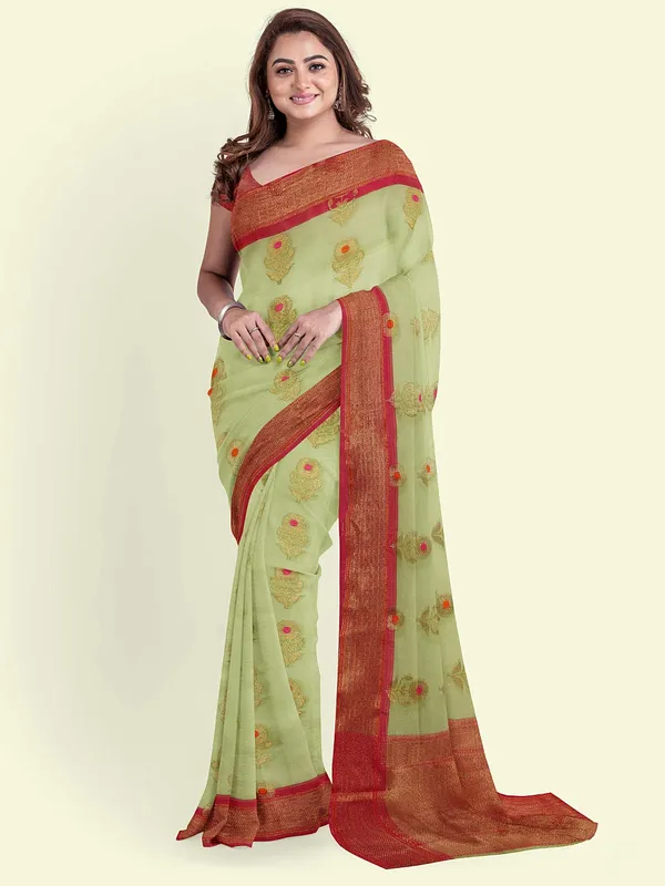 Green_Cotton_Blend_Banarasi_Sarees_For_Women