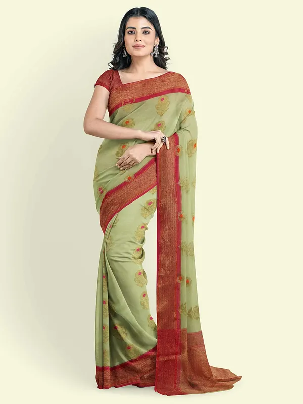 Green_Cotton_Blend_Banarasi_Sarees_For_Women