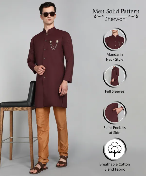 Solid_Maroon_Cotton_Blend_Nawabi_With_Paijama