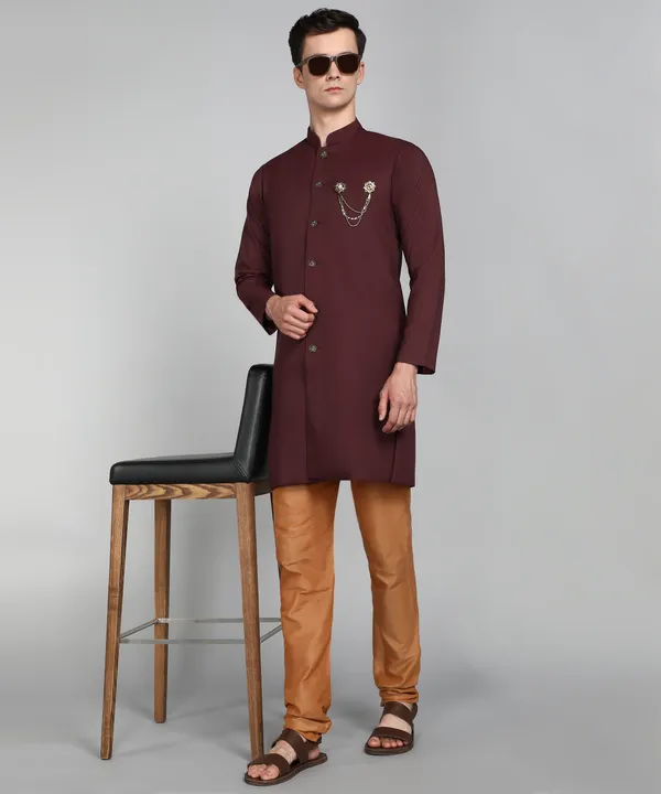 Solid_Maroon_Cotton_Blend_Nawabi_With_Paijama