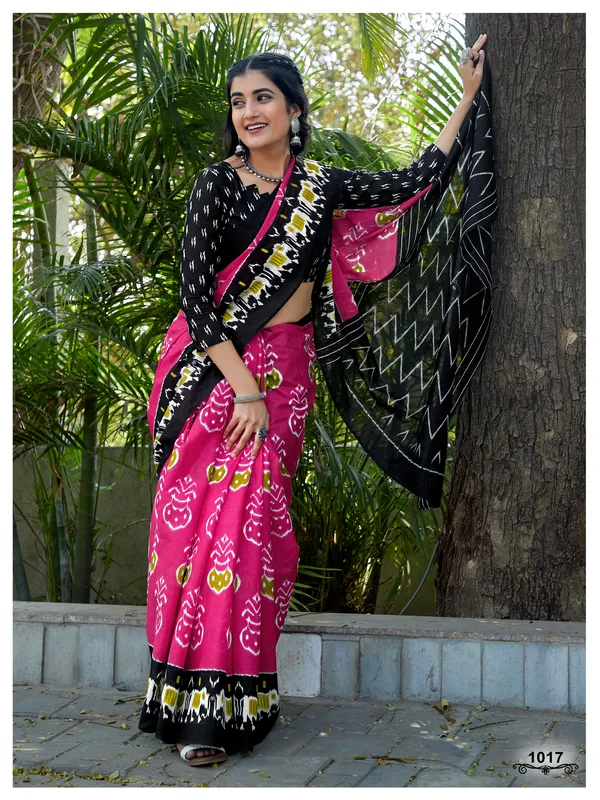 Ikkat_Hand_Block_Print_Print_Pure_Soft_Cotton_saree_With_Blouse_Piece