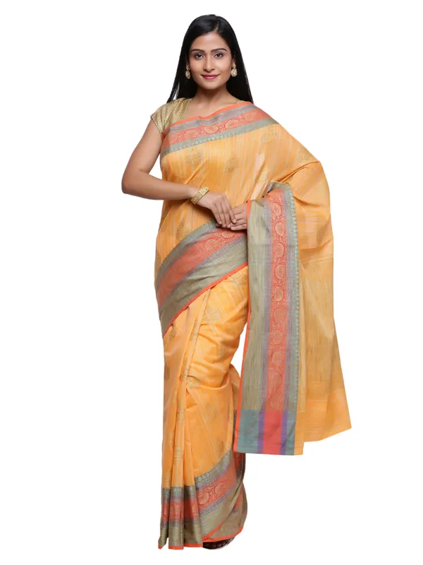 Orange_Cotton_Blend_Banarasi_Sarees_For_Women