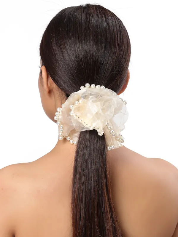 Vogue_Hair_Accessories_Black_And_Peach_Fancy_Party_Big_Size_Scrunchies_For_Girls_and_Women_Set_of_2