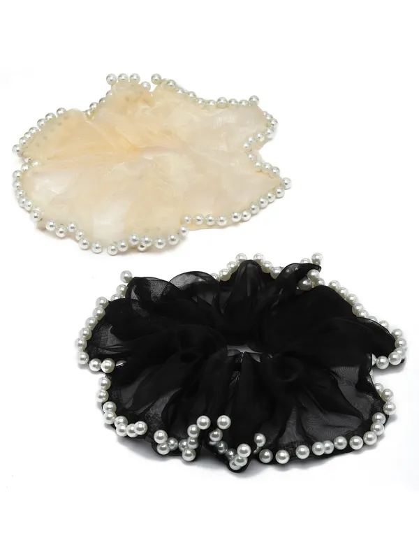 Vogue_Hair_Accessories_Black_And_Peach_Fancy_Party_Big_Size_Scrunchies_For_Girls_and_Women_Set_of_2