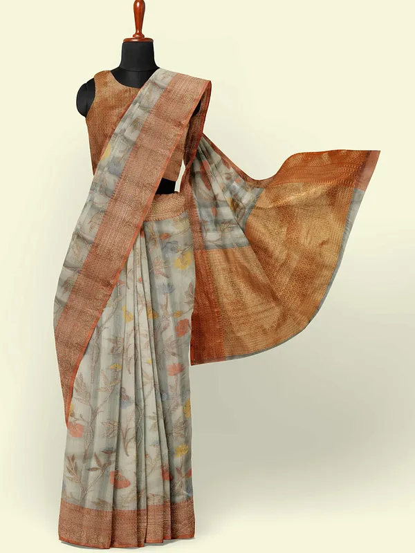 Grey_Matka_Silk/Silk_Blend_Banarasi_Sarees_For_Women