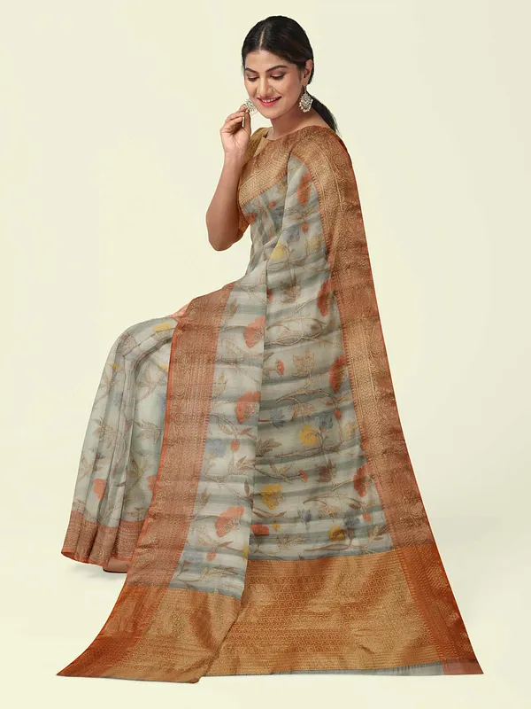 Grey_Matka_Silk/Silk_Blend_Banarasi_Sarees_For_Women