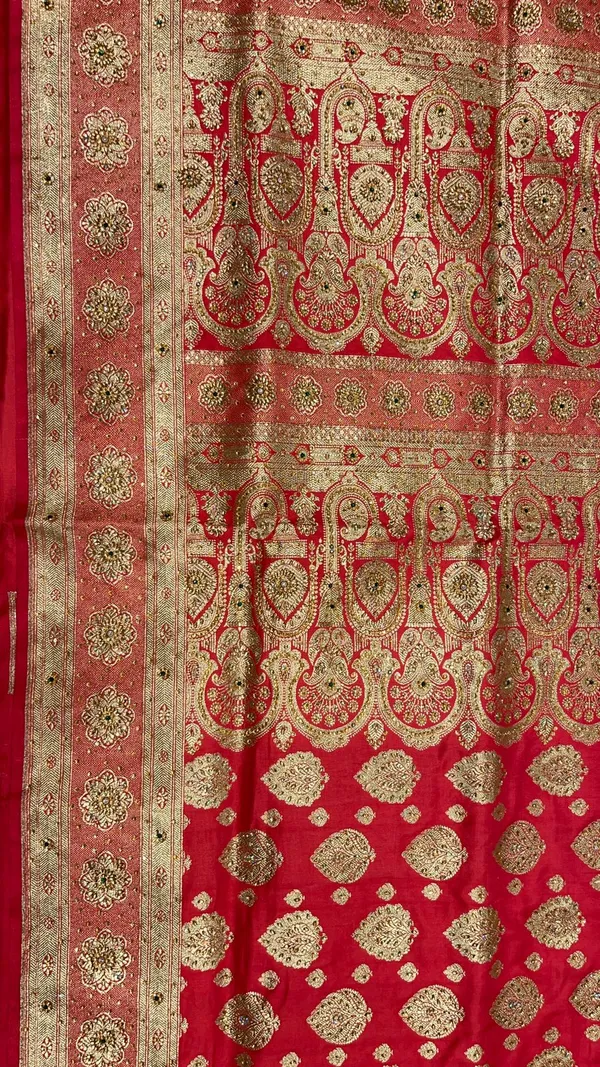 Humairah_Presents_Peach_Stone_Work_Golden_Zari_Boota_Zari_Border_Banarasi_Saree_with_Peach_Blouse