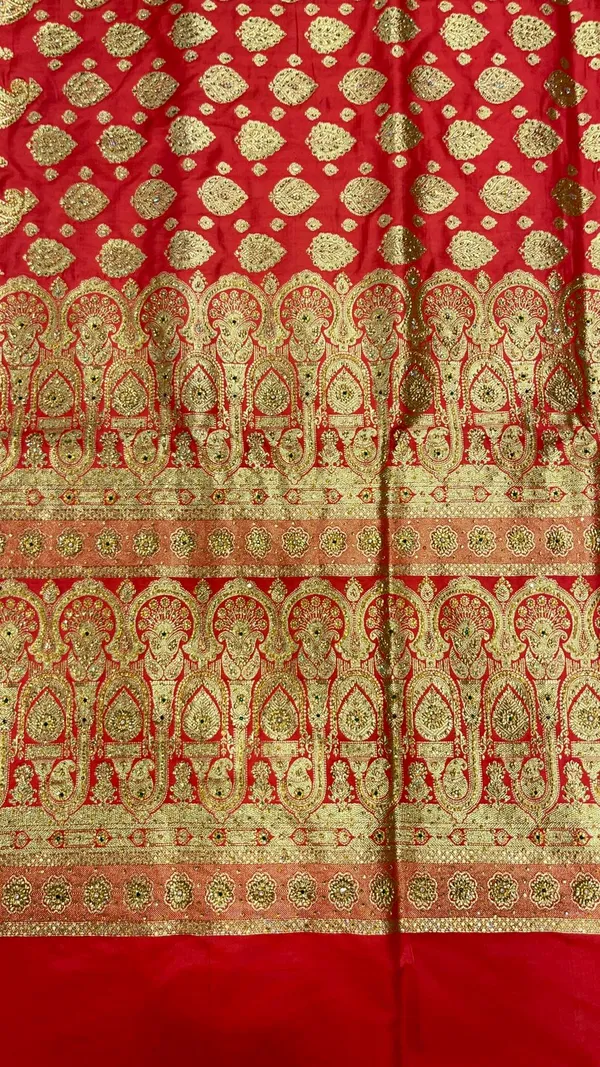 Humairah_Presents_Peach_Stone_Work_Golden_Zari_Boota_Zari_Border_Banarasi_Saree_with_Peach_Blouse