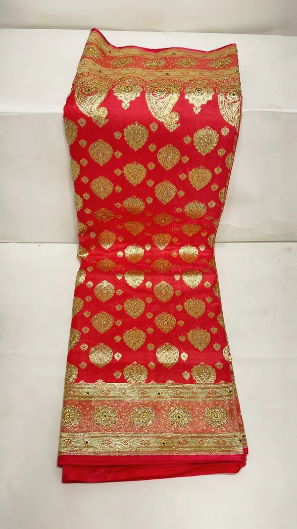 Humairah_Presents_Peach_Stone_Work_Golden_Zari_Boota_Zari_Border_Banarasi_Saree_with_Peach_Blouse