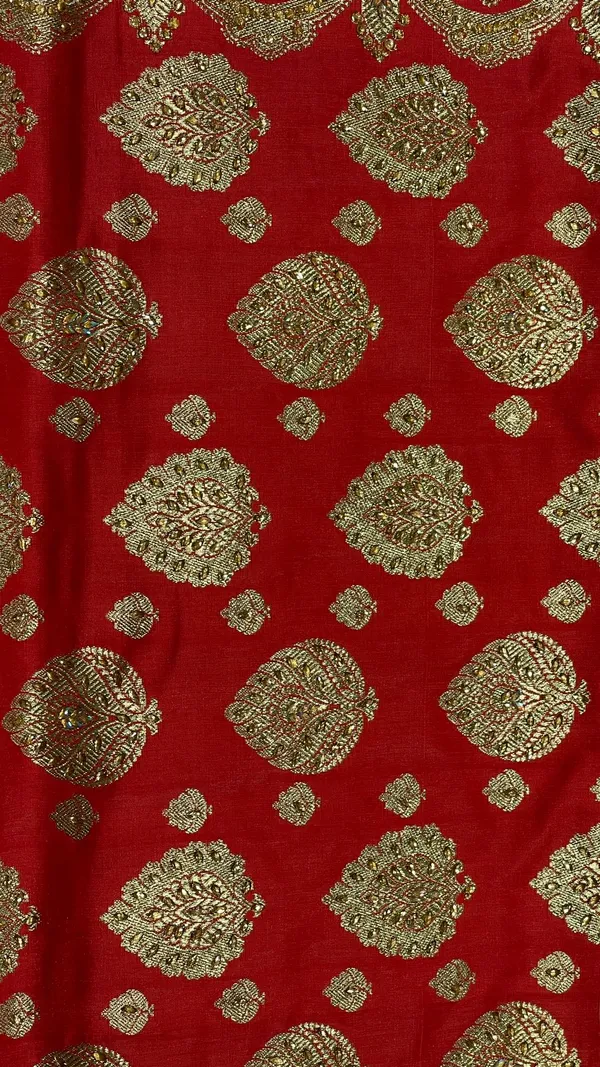 Humairah_Presents_Peach_Stone_Work_Golden_Zari_Boota_Zari_Border_Banarasi_Saree_with_Peach_Blouse