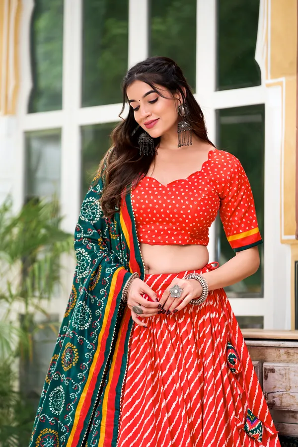 Red_Color_Leheriya_With_Patola_Print_Tussar_Silk_Lehenga_Choli