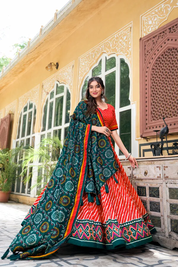 Red_Color_Leheriya_With_Patola_Print_Tussar_Silk_Lehenga_Choli