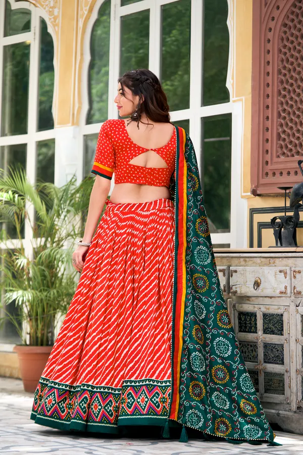 Red_Color_Leheriya_With_Patola_Print_Tussar_Silk_Lehenga_Choli