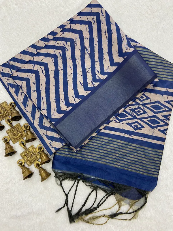 Ganga_Blue_–_Sacred_Navratri_Special_|_Soft_Tussar_Silk_Saree_with_Print,_Border_&_Contrast_Print_Blouse_with_Tassels