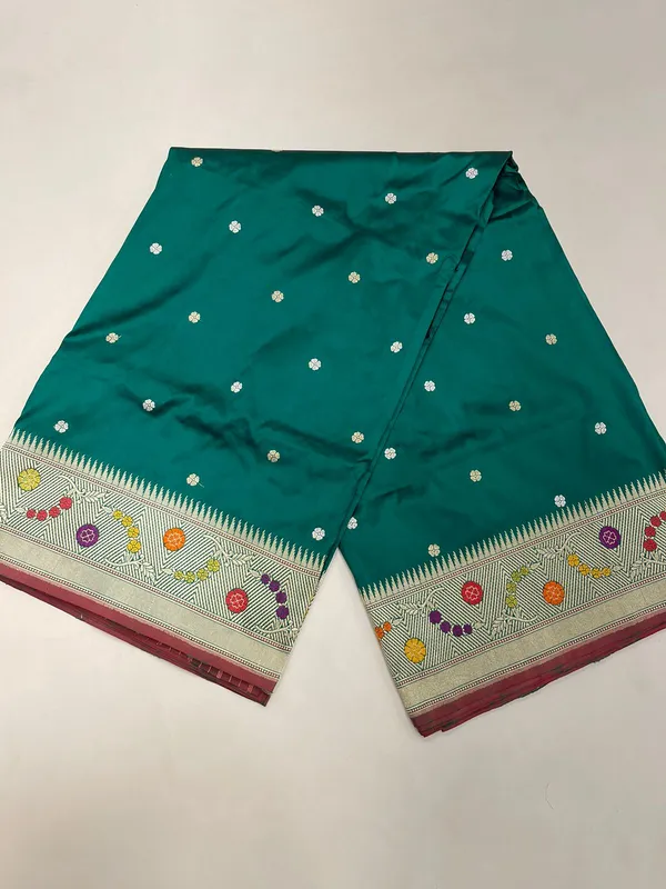 Humairah_Pure_Handwoven_Dark_Green_Katan_Silk_Sona_Rupa_Kadhwa_Chunri_Booti_and_Kadhwa_Floral_Mina_Zari_Border_and_Pallu_with_Golden_Stripe_Dark_Green_Blouse