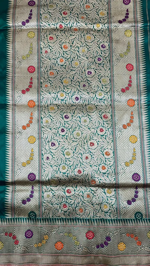 Humairah_Pure_Handwoven_Dark_Green_Katan_Silk_Sona_Rupa_Kadhwa_Chunri_Booti_and_Kadhwa_Floral_Mina_Zari_Border_and_Pallu_with_Golden_Stripe_Dark_Green_Blouse
