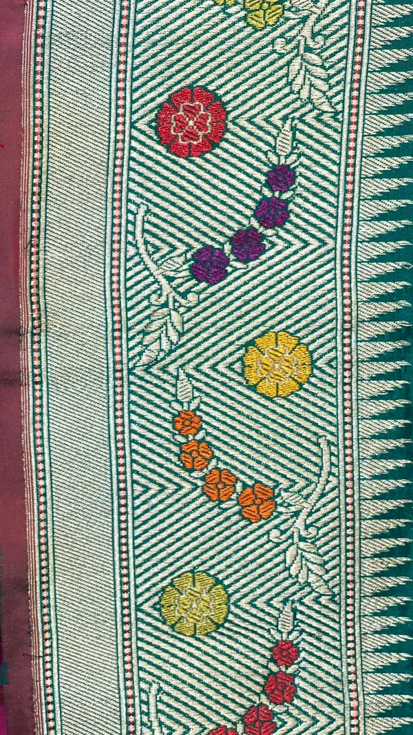 Humairah_Pure_Handwoven_Dark_Green_Katan_Silk_Sona_Rupa_Kadhwa_Chunri_Booti_and_Kadhwa_Floral_Mina_Zari_Border_and_Pallu_with_Golden_Stripe_Dark_Green_Blouse