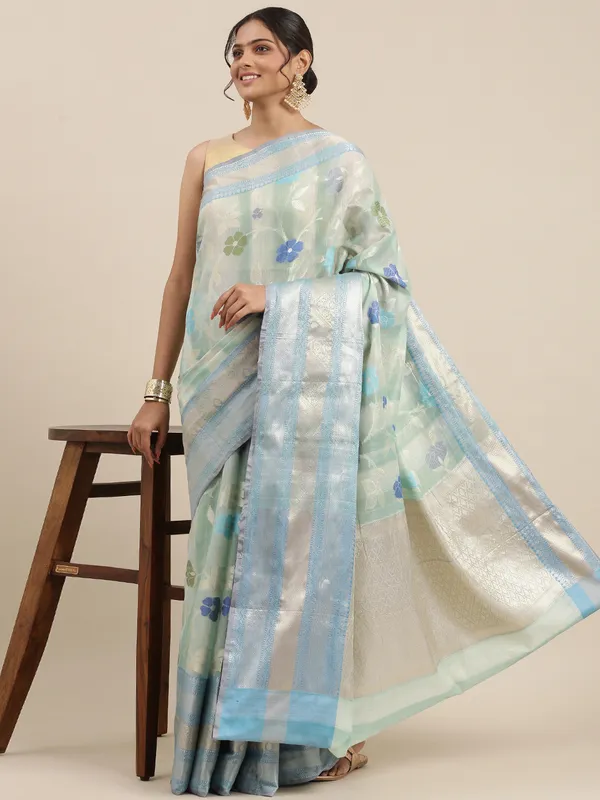 Turquoise_Matka_Silk/Silk_Blend_Banarasi_Sarees_For_Women