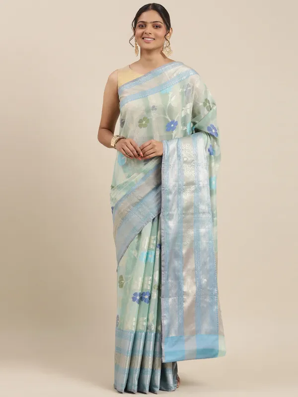 Turquoise_Matka_Silk/Silk_Blend_Banarasi_Sarees_For_Women