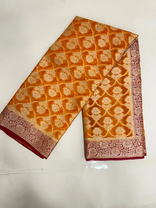 Humairah_Presents_Pure_Handloom_Mustard_Yellow_Chiffon_Golden_Zari_Floral_Booti_Jaal_with_Contrast_Maroon_Zari_Booti_Anchal_and_Zari_Border_with_Maroon_Blouse