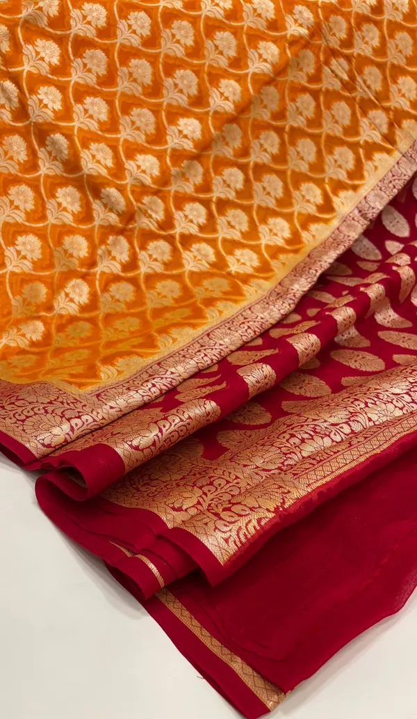 Humairah_Presents_Pure_Handloom_Mustard_Yellow_Chiffon_Golden_Zari_Floral_Booti_Jaal_with_Contrast_Maroon_Zari_Booti_Anchal_and_Zari_Border_with_Maroon_Blouse
