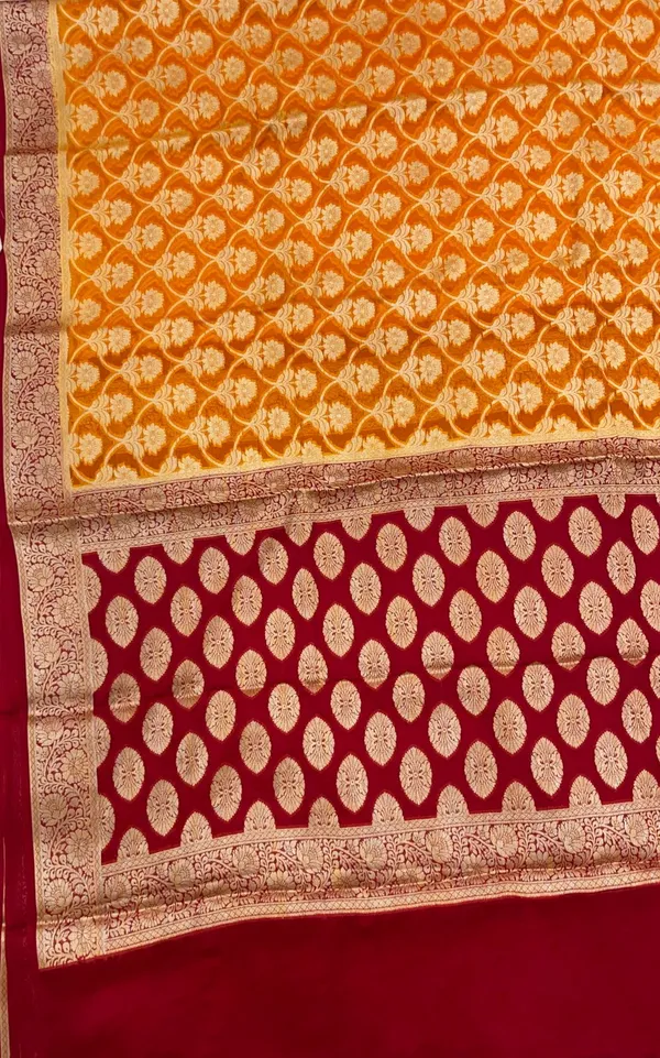 Humairah_Presents_Pure_Handloom_Mustard_Yellow_Chiffon_Golden_Zari_Floral_Booti_Jaal_with_Contrast_Maroon_Zari_Booti_Anchal_and_Zari_Border_with_Maroon_Blouse
