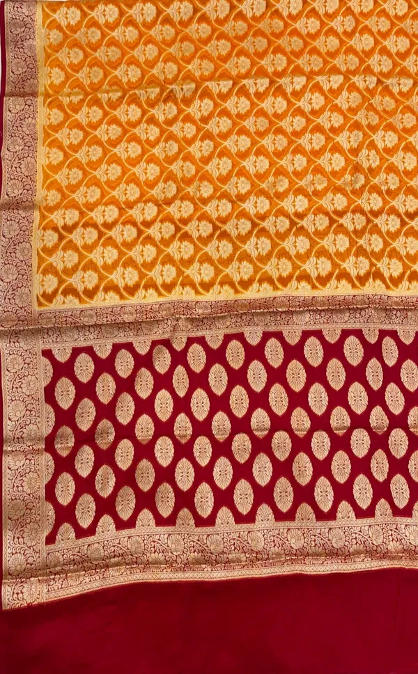 Humairah_Presents_Pure_Handloom_Mustard_Yellow_Chiffon_Golden_Zari_Floral_Booti_Jaal_with_Contrast_Maroon_Zari_Booti_Anchal_and_Zari_Border_with_Maroon_Blouse