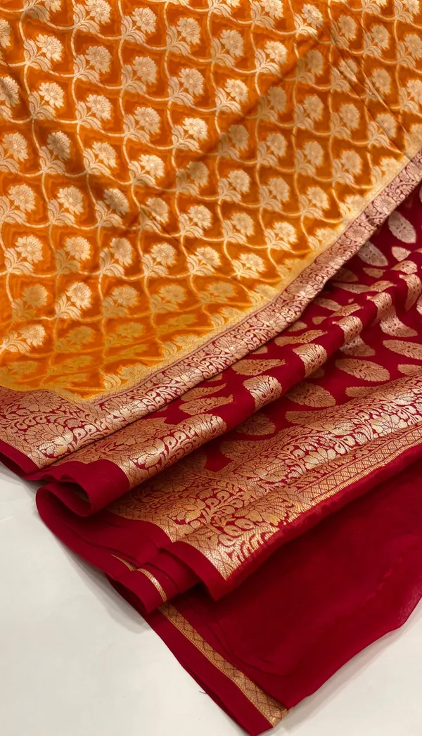 Humairah_Presents_Pure_Handloom_Mustard_Yellow_Chiffon_Golden_Zari_Floral_Booti_Jaal_with_Contrast_Maroon_Zari_Booti_Anchal_and_Zari_Border_with_Maroon_Blouse